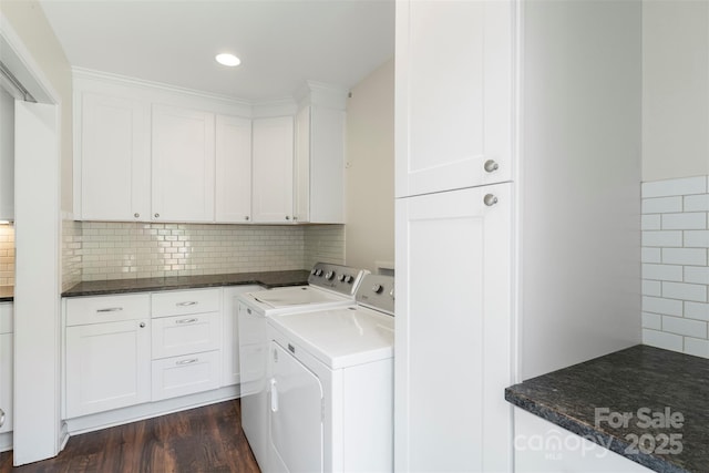 7627 Sarah Dr, Denver, NC 28037 - laundry room featuring cabinet space, washer and clothes dryer, dark wood-type flooring, and recessed lighting