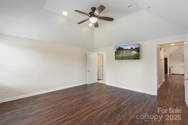 7627 Sarah Dr, Denver, NC 28037 - empty room featuring high vaulted ceiling, ceiling fan, dark wood finished floors, recessed lighting, and a smoke detector
