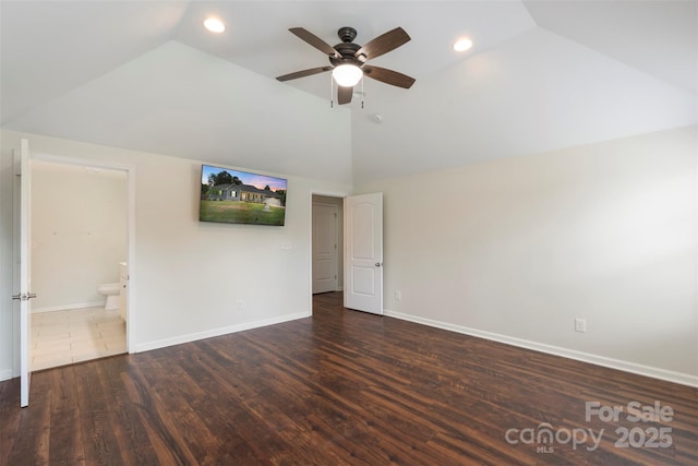 7627 Sarah Dr, Denver, NC 28037 - unfurnished room with a ceiling fan, wood finished floors, high vaulted ceiling, and recessed lighting