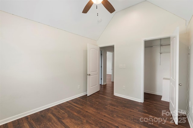 7627 Sarah Dr, Denver, NC 28037 - unfurnished bedroom with dark wood finished floors, a ceiling fan, high vaulted ceiling, and a closet