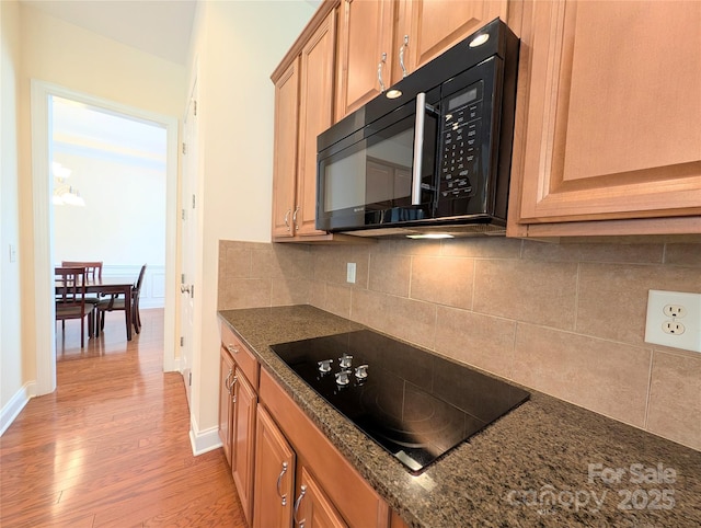 408 Presidio Dr, Rock Hill, SC 29732 - kitchen featuring black appliances, light wood finished floors, backsplash, and dark stone countertops