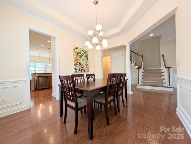 408 Presidio Dr, Rock Hill, SC 29732 - dining room with a chandelier, wood finished floors, wainscoting, ornamental molding, and stairway