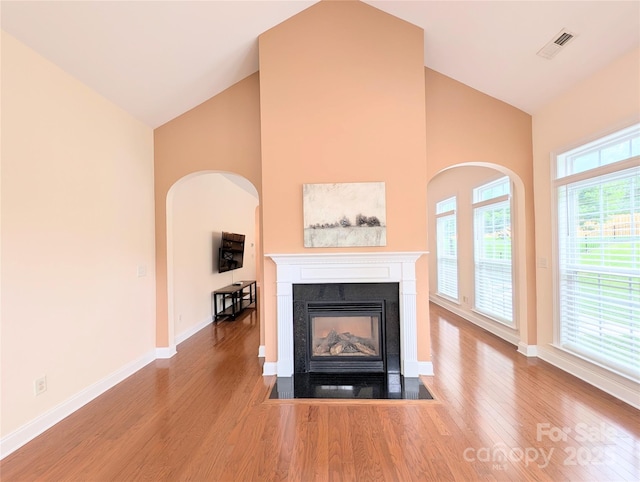 408 Presidio Dr, Rock Hill, SC 29732 - unfurnished living room with wood finished floors, high vaulted ceiling, and a fireplace with flush hearth