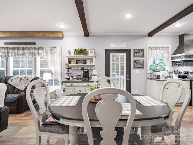 142 Hickory Rd, Lexington, NC 27292 - dining room with beamed ceiling, recessed lighting, light wood-style floors, healthy amount of natural light, and ornamental molding