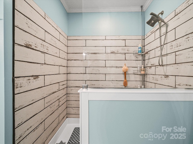 142 Hickory Rd, Lexington, NC 27292 - full bath with a tile shower, wood walls, and crown molding