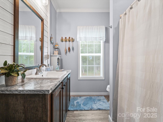 142 Hickory Rd, Lexington, NC 27292 - bathroom with vanity, wood finished floors, crown molding, and a shower with shower curtain