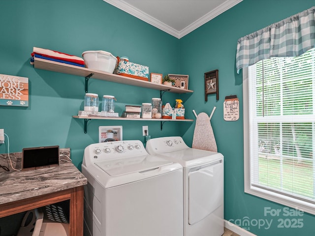 142 Hickory Rd, Lexington, NC 27292 - washroom featuring washing machine and dryer, crown molding, and healthy amount of natural light