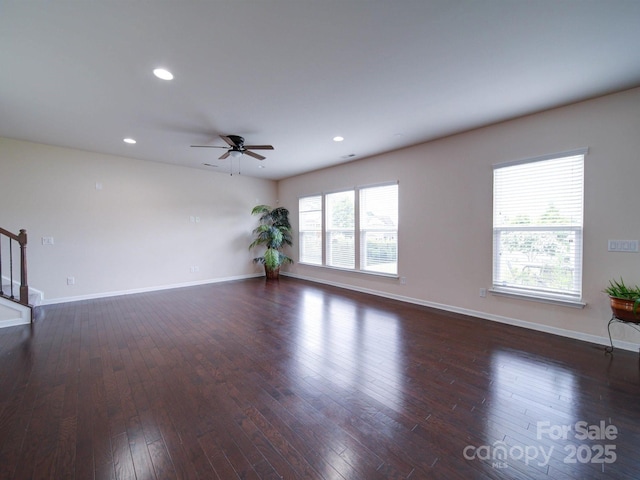 3009 Palm Dr, Fort Mill, SC 29715 - unfurnished room with stairs, wood-type flooring, a ceiling fan, and recessed lighting