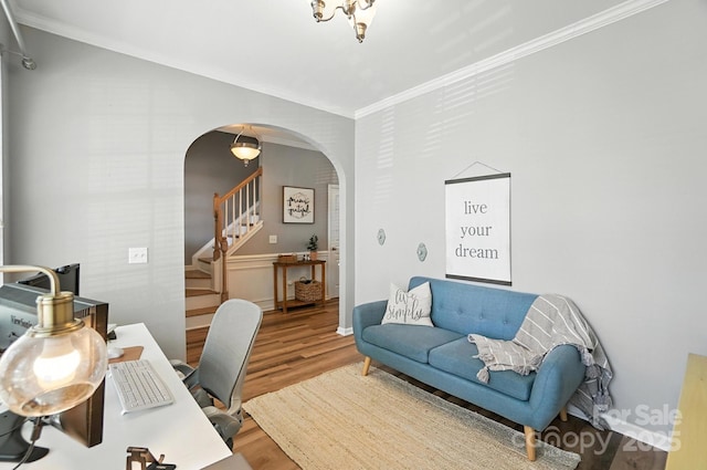 529 River Park Rd, Belmont, NC 28012 - home office with arched walkways, crown molding, and wood finished floors
