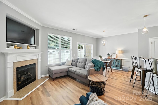 529 River Park Rd, Belmont, NC 28012 - living room with ornamental molding, light wood-type flooring, a premium fireplace, and a wainscoted wall