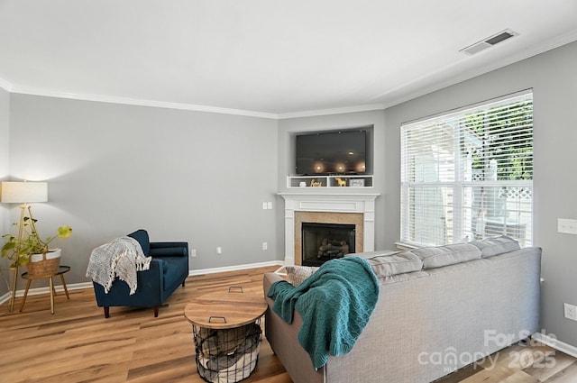 529 River Park Rd, Belmont, NC 28012 - living room featuring ornamental molding, light wood-style floors, and a fireplace