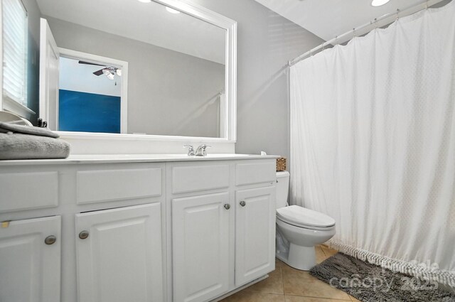 529 River Park Rd, Belmont, NC 28012 - bathroom featuring tile patterned floors, vanity, a ceiling fan, and a shower with shower curtain