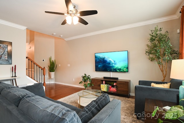 3537 Hornets Nest Way Unit 206, Charlotte, NC 28208 - living area with ornamental molding, a ceiling fan, stairs, and wood finished floors