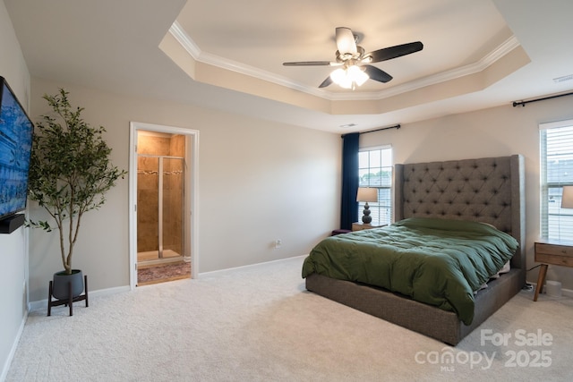 3537 Hornets Nest Way Unit 206, Charlotte, NC 28208 - bedroom with a raised ceiling, ornamental molding, carpet, multiple windows, and connected bathroom