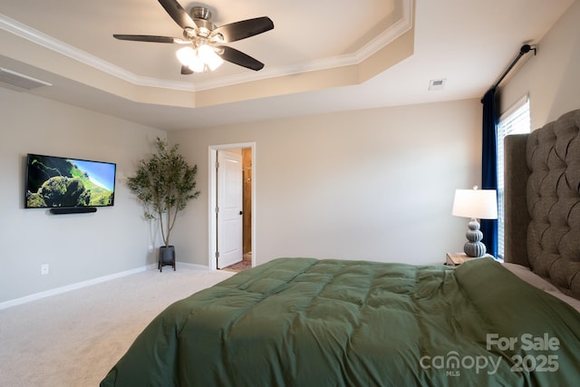 3537 Hornets Nest Way Unit 206, Charlotte, NC 28208 - bedroom with a raised ceiling, light colored carpet, crown molding, and ceiling fan
