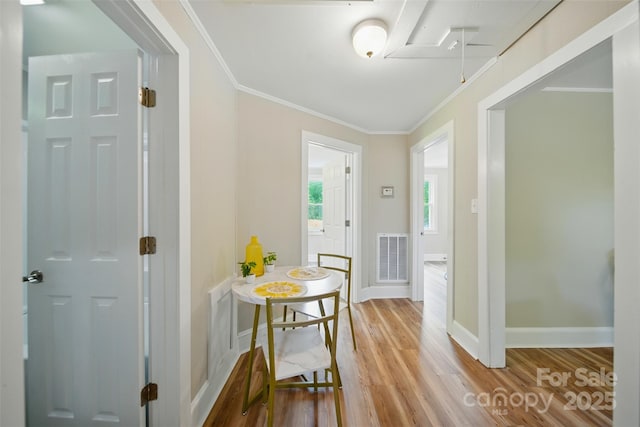 407 Cummings St, Rock Hill, SC 29730 - corridor featuring ornamental molding, wood finished floors, and attic access