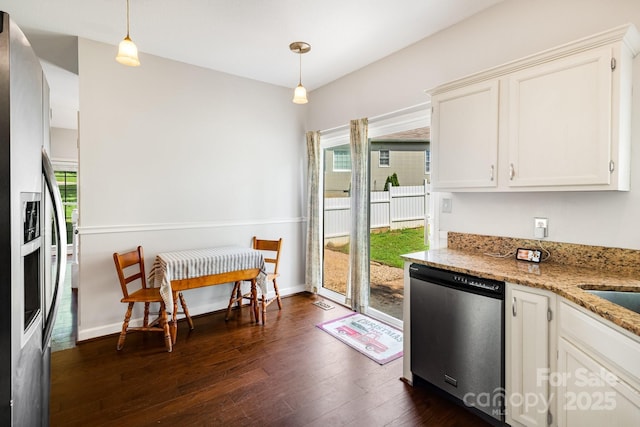 12 Eden Glen Rd, Black Mountain, NC 28711 - kitchen with appliances with stainless steel finishes, dark wood-style floors, light stone countertops, and decorative light fixtures
