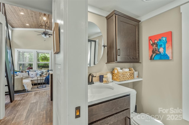 3095 Silversteen Rd, Lake Toxaway, NC 28747 - bathroom featuring a ceiling fan, vanity, wood finished floors, wood ceiling, and recessed lighting