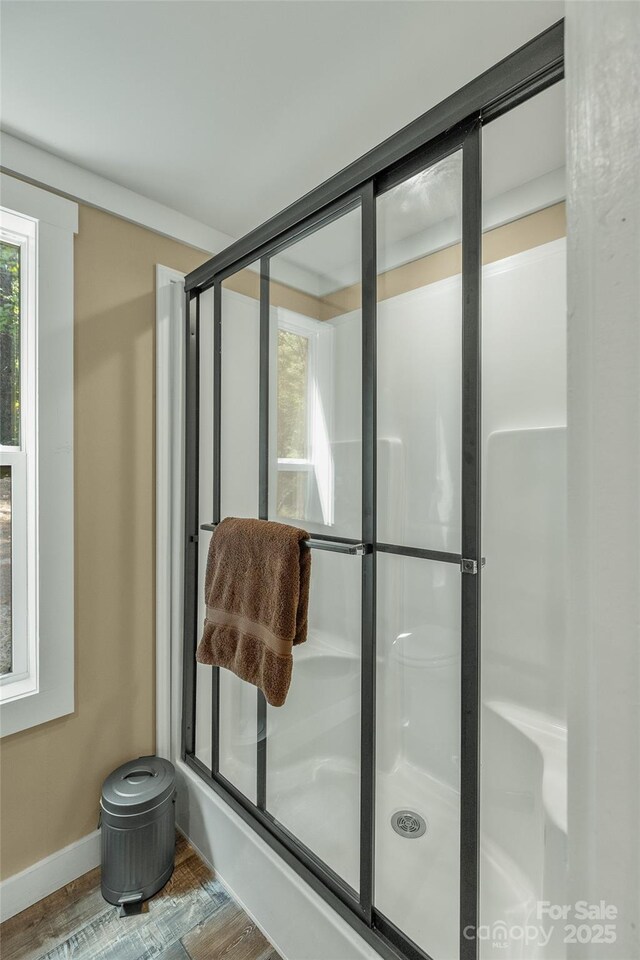 3095 Silversteen Rd, Lake Toxaway, NC 28747 - bathroom featuring an enclosed shower and wood finished floors
