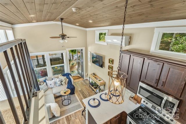 3095 Silversteen Rd, Lake Toxaway, NC 28747 - living area featuring lofted ceiling, light wood-style floors, wooden ceiling, healthy amount of natural light, and ceiling fan