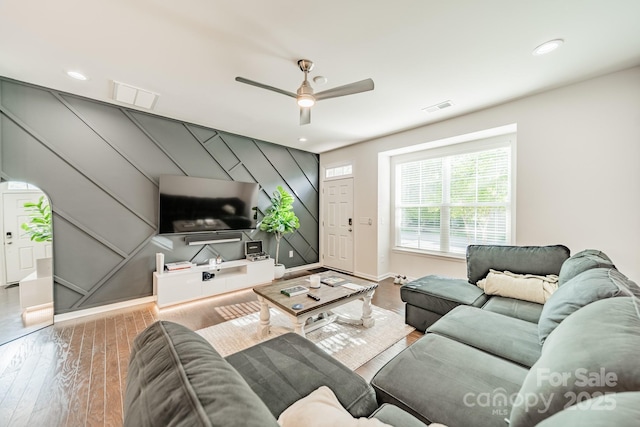11546 Red Rust Ln, Charlotte, NC 28277 - living room with wood finished floors, a ceiling fan, and recessed lighting