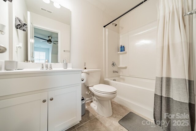 11546 Red Rust Ln, Charlotte, NC 28277 - bathroom with shower / bathtub combination with curtain, vanity, ceiling fan, and tile patterned flooring