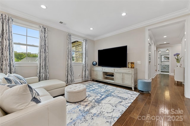 920 Terramore Dr, Waxhaw, NC 28173 - living room with dark wood-style flooring, recessed lighting, and ornamental molding