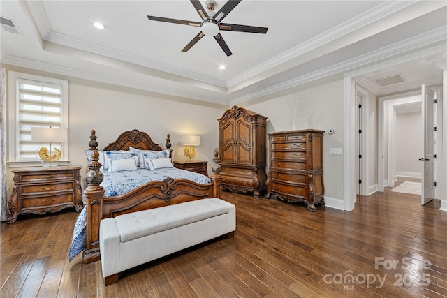 920 Terramore Dr, Waxhaw, NC 28173 - bedroom with dark wood finished floors, a raised ceiling, ornamental molding, ceiling fan, and recessed lighting