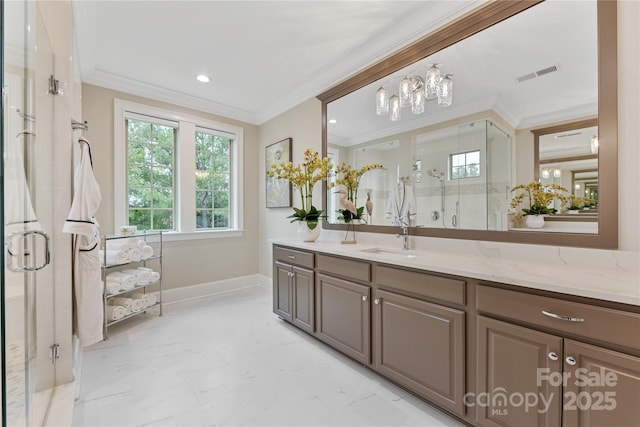 920 Terramore Dr, Waxhaw, NC 28173 - full bathroom with crown molding, vanity, a shower stall, marble look tile flooring, and a chandelier