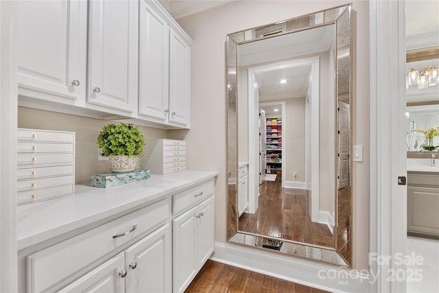 920 Terramore Dr, Waxhaw, NC 28173 - bar with dark wood-style floors and ornamental molding