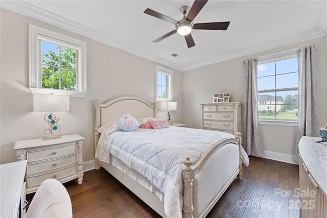 920 Terramore Dr, Waxhaw, NC 28173 - bedroom featuring dark wood-type flooring, ornamental molding, and a ceiling fan