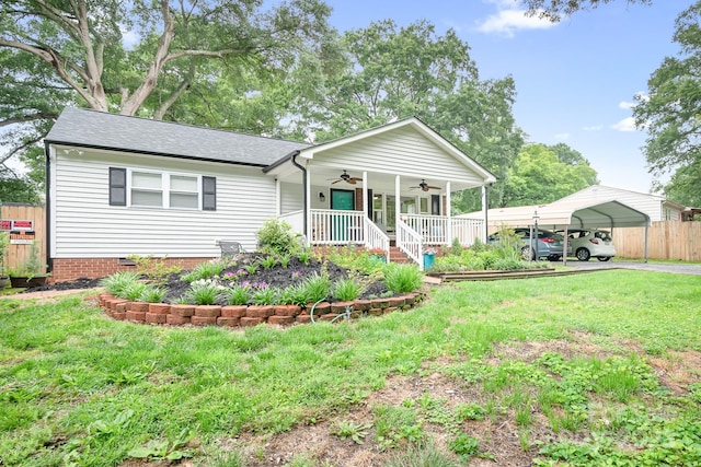 2279 Cedar Oak Cir, Gastonia, NC 28052 - ranch-style home with ceiling fan, a detached carport, roof with shingles, covered porch, and crawl space
