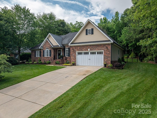 7988 Golf Course Dr N, Denver, NC 28037 - traditional-style home with brick siding, a front yard, a garage, concrete driveway, and view of scattered trees