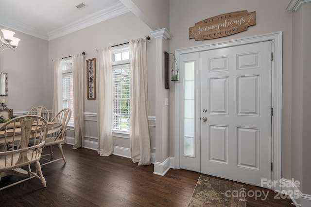 7988 Golf Course Dr N, Denver, NC 28037 - entryway with dark wood-type flooring, crown molding, plenty of natural light, and a chandelier