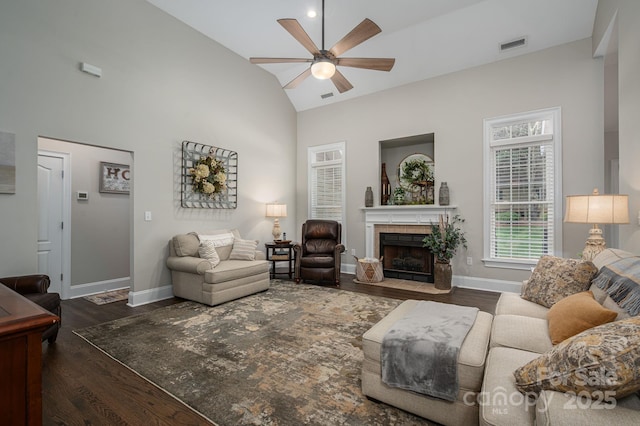 7988 Golf Course Dr N, Denver, NC 28037 - living room featuring a ceiling fan, wood finished floors, a fireplace with flush hearth, and high vaulted ceiling