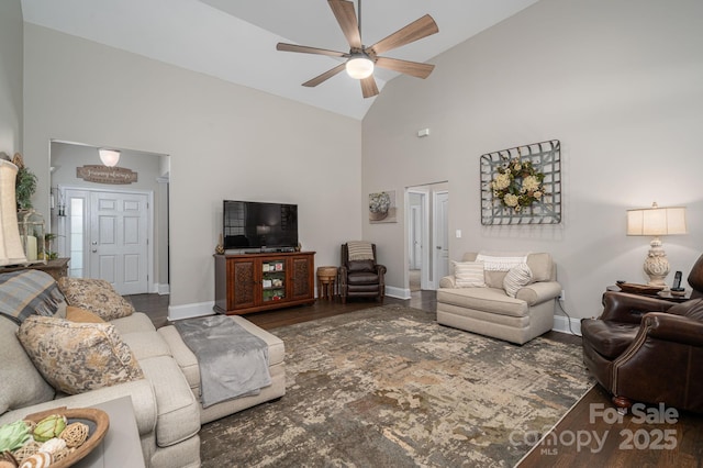 7988 Golf Course Dr N, Denver, NC 28037 - living room with high vaulted ceiling, ceiling fan, and wood finished floors