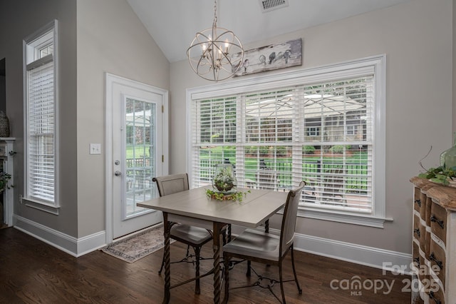 7988 Golf Course Dr N, Denver, NC 28037 - dining area featuring vaulted ceiling, a chandelier, dark wood-style floors, and healthy amount of natural light