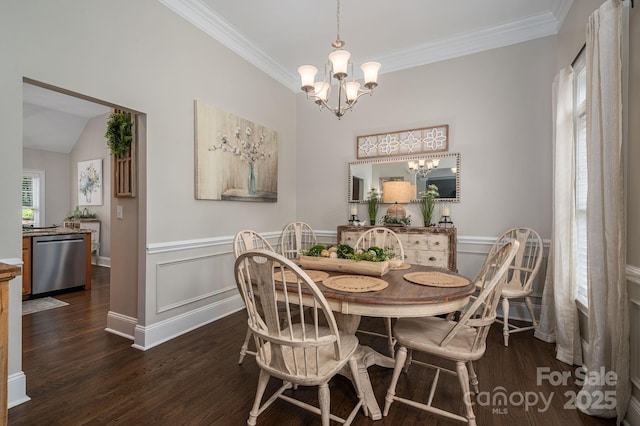 7988 Golf Course Dr N, Denver, NC 28037 - dining space featuring a chandelier, dark wood finished floors, ornamental molding, a wainscoted wall, and a decorative wall