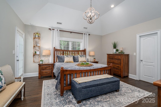 7988 Golf Course Dr N, Denver, NC 28037 - bedroom with a chandelier, vaulted ceiling, dark wood-style flooring, and recessed lighting
