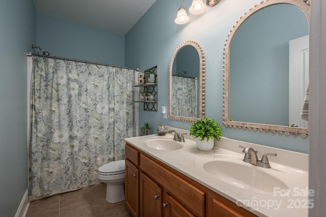 7988 Golf Course Dr N, Denver, NC 28037 - full bath featuring double vanity, tile patterned flooring, and curtained shower