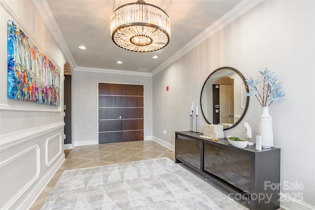 222 S Caldwell St # 2203, Charlotte, NC 28202 - tiled entryway with a chandelier, recessed lighting, and ornamental molding