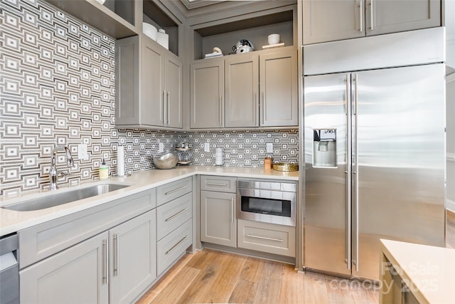 222 S Caldwell St # 2203, Charlotte, NC 28202 - kitchen featuring appliances with stainless steel finishes, open shelves, light countertops, gray cabinetry, and backsplash