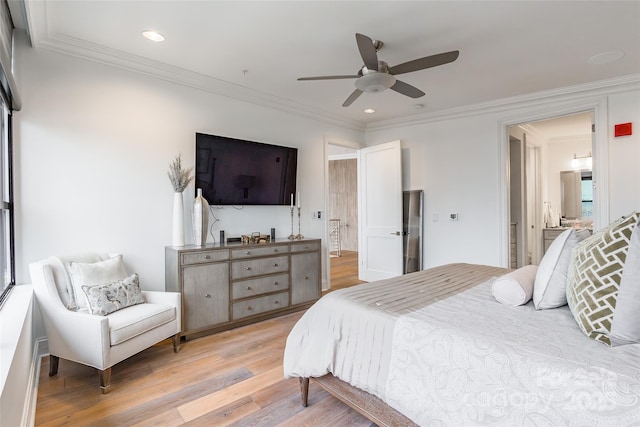 222 S Caldwell St # 2203, Charlotte, NC 28202 - bedroom with light wood-style flooring, recessed lighting, ornamental molding, ceiling fan, and connected bathroom