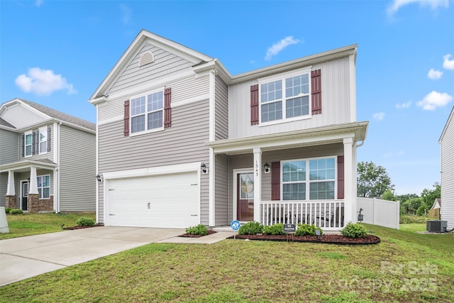 1343 Kent Downs Ave SW, Concord, NC 28027 - traditional-style home featuring a porch, driveway, a garage, a front lawn, and board and batten siding