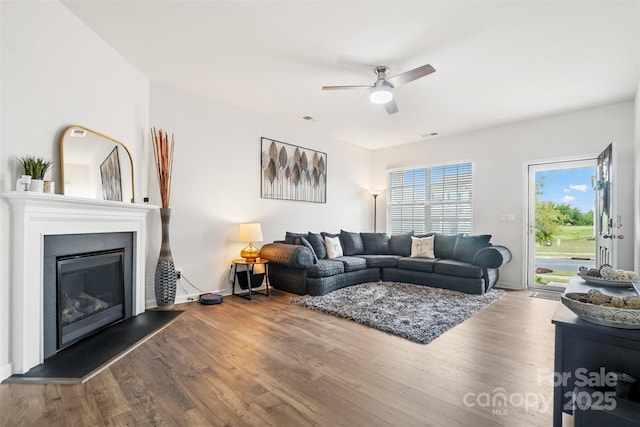 1343 Kent Downs Ave SW, Concord, NC 28027 - living room featuring wood finished floors, ceiling fan, and a glass covered fireplace