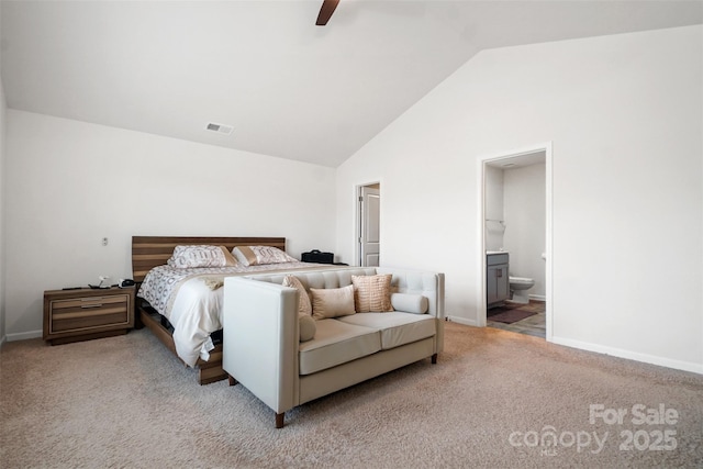 1343 Kent Downs Ave SW, Concord, NC 28027 - carpeted bedroom featuring ensuite bathroom, a ceiling fan, and high vaulted ceiling