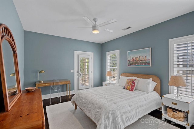 202 Caldwell Ln, Davidson, NC 28036 - bedroom with wood finished floors, access to exterior, and ceiling fan