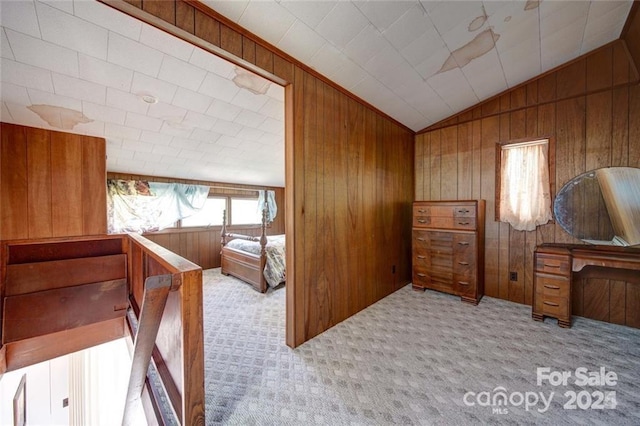 177 Mountain View Ln, Troy, NC 27371 - carpeted bedroom with wood walls, lofted ceiling, and an office area