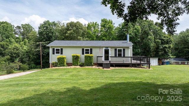 1467 Conway Dr, Granite Falls, NC 28630 - view of front of home featuring a deck, a front yard, and view of scattered trees