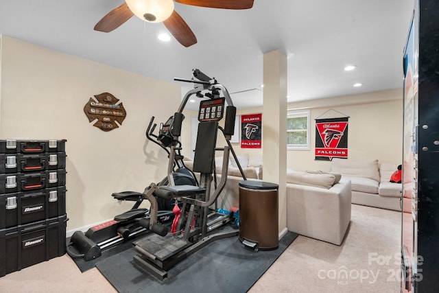 1467 Conway Dr, Granite Falls, NC 28630 - exercise area with ceiling fan, carpet floors, and recessed lighting
